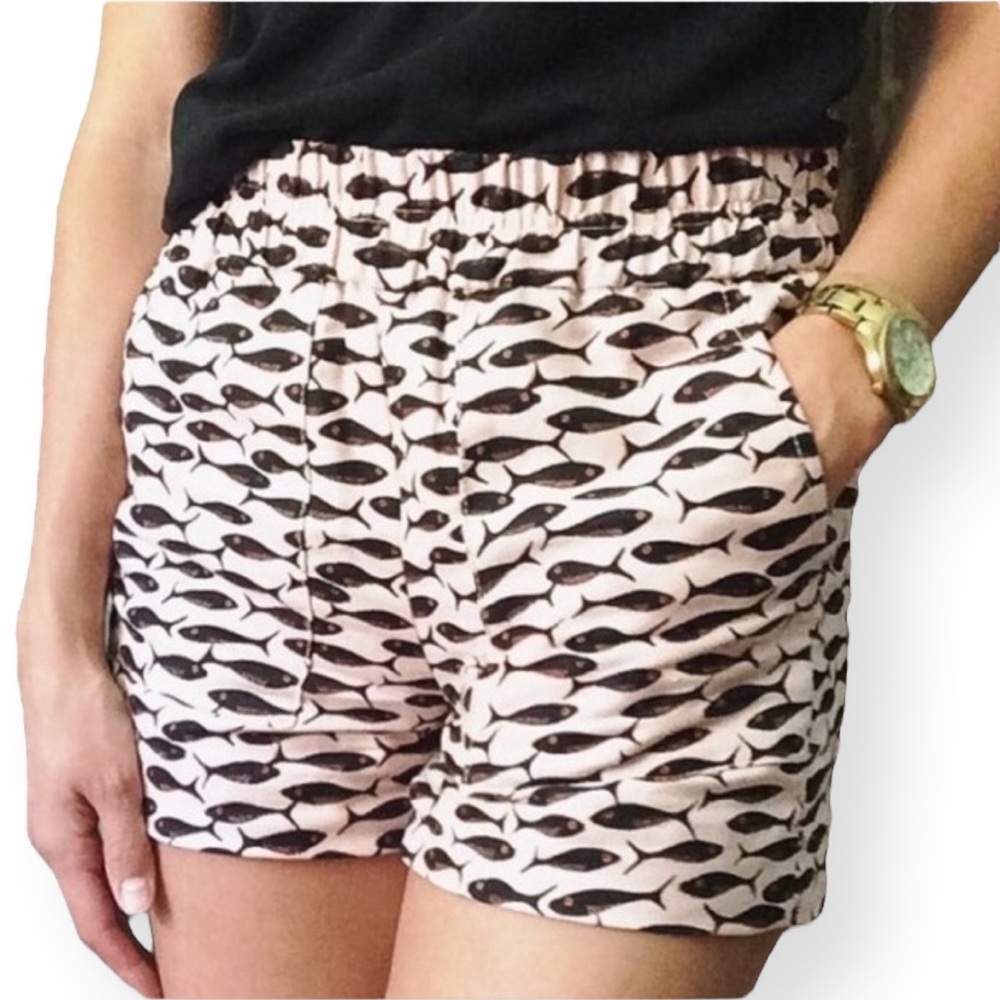 J. Crew Light Pink Linen Blend Minnow Sardine Fish Print Pull On Shorts Size XXS